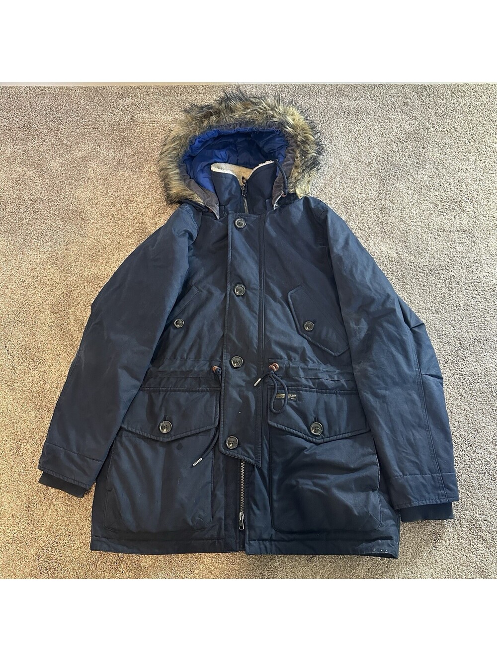 Abercrombie & Fitch Ultra Parka Down Jacket Blue Mens Medium Faux Fur Hooded